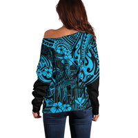 Hawaii King Kamehameha Off Shoulder Sweater Polynesian Pattern Sky Blue Version - Wonder Print Shop