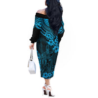 Hawaii King Kamehameha Off The Shoulder Long Sleeve Dress Polynesian Pattern Sky Blue Version - Wonder Print Shop