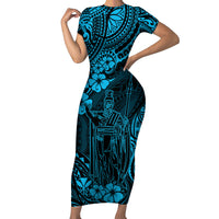 Hawaii King Kamehameha Short Sleeve Bodycon Dress Polynesian Pattern Sky Blue Version - Wonder Print Shop