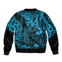 Hawaii King Kamehameha Sleeve Zip Bomber Jacket Polynesian Pattern Sky Blue Version - Wonder Print Shop