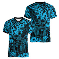 Hawaii King Kamehameha Women V Neck T Shirt Polynesian Pattern Sky Blue Version - Wonder Print Shop