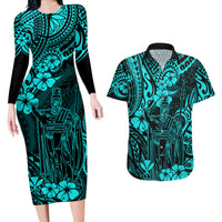 Hawaii King Kamehameha Couples Matching Long Sleeve Bodycon Dress and Hawaiian Shirt Polynesian Pattern Turquoise Version - Wonder Print Shop