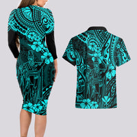 Hawaii King Kamehameha Couples Matching Long Sleeve Bodycon Dress and Hawaiian Shirt Polynesian Pattern Turquoise Version - Wonder Print Shop