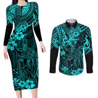 Hawaii King Kamehameha Couples Matching Long Sleeve Bodycon Dress and Long Sleeve Button Shirts Polynesian Pattern Turquoise Version - Wonder Print Shop