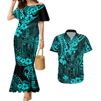 Hawaii King Kamehameha Couples Matching Mermaid Dress and Hawaiian Shirt Polynesian Pattern Turquoise Version - Wonder Print Shop