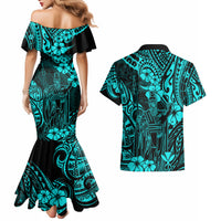 Hawaii King Kamehameha Couples Matching Mermaid Dress and Hawaiian Shirt Polynesian Pattern Turquoise Version - Wonder Print Shop