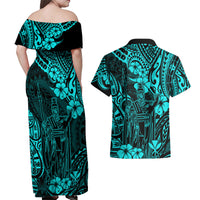 Hawaii King Kamehameha Couples Matching Off Shoulder Maxi Dress and Hawaiian Shirt Polynesian Pattern Turquoise Version - Wonder Print Shop