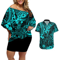 Hawaii King Kamehameha Couples Matching Off Shoulder Short Dress and Hawaiian Shirt Polynesian Pattern Turquoise Version - Wonder Print Shop