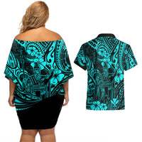Hawaii King Kamehameha Couples Matching Off Shoulder Short Dress and Hawaiian Shirt Polynesian Pattern Turquoise Version - Wonder Print Shop