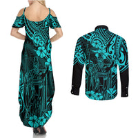 Hawaii King Kamehameha Couples Matching Summer Maxi Dress and Long Sleeve Button Shirts Polynesian Pattern Turquoise Version - Wonder Print Shop