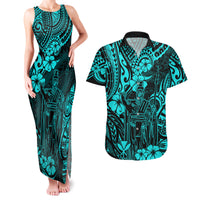 Hawaii King Kamehameha Couples Matching Tank Maxi Dress and Hawaiian Shirt Polynesian Pattern Turquoise Version - Wonder Print Shop