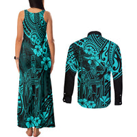Hawaii King Kamehameha Couples Matching Tank Maxi Dress and Long Sleeve Button Shirts Polynesian Pattern Turquoise Version - Wonder Print Shop