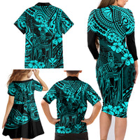 Hawaii King Kamehameha Family Matching Long Sleeve Bodycon Dress and Hawaiian Shirt Polynesian Pattern Turquoise Version - Wonder Print Shop