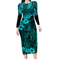 Hawaii King Kamehameha Family Matching Long Sleeve Bodycon Dress and Hawaiian Shirt Polynesian Pattern Turquoise Version - Wonder Print Shop
