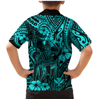 Hawaii King Kamehameha Family Matching Mermaid Dress and Hawaiian Shirt Polynesian Pattern Turquoise Version - Wonder Print Shop