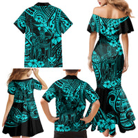 Hawaii King Kamehameha Family Matching Mermaid Dress and Hawaiian Shirt Polynesian Pattern Turquoise Version - Wonder Print Shop