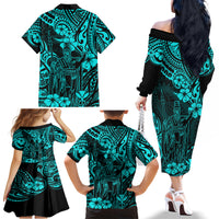 Hawaii King Kamehameha Family Matching Off Shoulder Long Sleeve Dress and Hawaiian Shirt Polynesian Pattern Turquoise Version - Wonder Print Shop