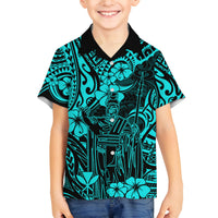 Hawaii King Kamehameha Family Matching Off Shoulder Long Sleeve Dress and Hawaiian Shirt Polynesian Pattern Turquoise Version - Wonder Print Shop