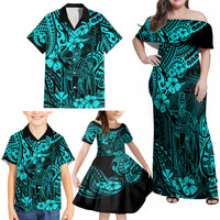 Hawaii King Kamehameha Family Matching Off Shoulder Maxi Dress and Hawaiian Shirt Polynesian Pattern Turquoise Version - Wonder Print Shop