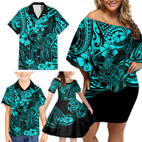 Hawaii King Kamehameha Family Matching Off Shoulder Short Dress and Hawaiian Shirt Polynesian Pattern Turquoise Version - Wonder Print Shop