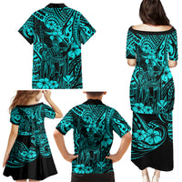 Hawaii King Kamehameha Family Matching Puletasi Dress and Hawaiian Shirt Polynesian Pattern Turquoise Version - Wonder Print Shop