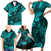 Hawaii King Kamehameha Family Matching Short Sleeve Bodycon Dress and Hawaiian Shirt Polynesian Pattern Turquoise Version - Wonder Print Shop
