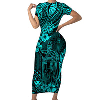 Hawaii King Kamehameha Family Matching Short Sleeve Bodycon Dress and Hawaiian Shirt Polynesian Pattern Turquoise Version - Wonder Print Shop