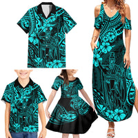 Hawaii King Kamehameha Family Matching Summer Maxi Dress and Hawaiian Shirt Polynesian Pattern Turquoise Version - Wonder Print Shop