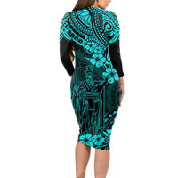 Hawaii King Kamehameha Long Sleeve Bodycon Dress Polynesian Pattern Turquoise Version - Wonder Print Shop