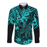 Hawaii King Kamehameha Long Sleeve Button Shirt Polynesian Pattern Turquoise Version - Wonder Print Shop