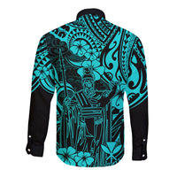 Hawaii King Kamehameha Long Sleeve Button Shirt Polynesian Pattern Turquoise Version - Wonder Print Shop