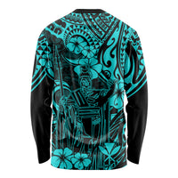 Hawaii King Kamehameha Long Sleeve Shirt Polynesian Pattern Turquoise Version - Wonder Print Shop