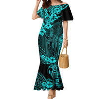 Hawaii King Kamehameha Mermaid Dress Polynesian Pattern Turquoise Version - Wonder Print Shop
