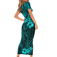 Hawaii King Kamehameha Short Sleeve Bodycon Dress Polynesian Pattern Turquoise Version - Wonder Print Shop