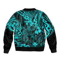 Hawaii King Kamehameha Sleeve Zip Bomber Jacket Polynesian Pattern Turquoise Version - Wonder Print Shop