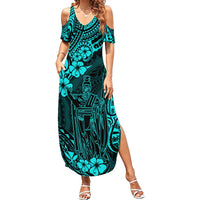 Hawaii King Kamehameha Summer Maxi Dress Polynesian Pattern Turquoise Version - Wonder Print Shop