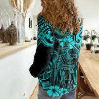 Hawaii King Kamehameha Women Casual Shirt Polynesian Pattern Turquoise Version - Wonder Print Shop