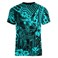 Hawaii King Kamehameha Women V Neck T Shirt Polynesian Pattern Turquoise Version - Wonder Print Shop