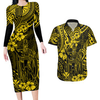Hawaii King Kamehameha Couples Matching Long Sleeve Bodycon Dress and Hawaiian Shirt Polynesian Pattern Yellow Version - Wonder Print Shop