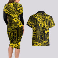 Hawaii King Kamehameha Couples Matching Long Sleeve Bodycon Dress and Hawaiian Shirt Polynesian Pattern Yellow Version - Wonder Print Shop