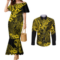 hawaii-king-kamehameha-couples-matching-mermaid-dress-and-long-sleeve-button-shirts-polynesian-pattern-yellow-version