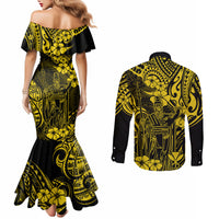 hawaii-king-kamehameha-couples-matching-mermaid-dress-and-long-sleeve-button-shirts-polynesian-pattern-yellow-version