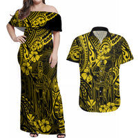 Hawaii King Kamehameha Couples Matching Off Shoulder Maxi Dress and Hawaiian Shirt Polynesian Pattern Yellow Version - Wonder Print Shop
