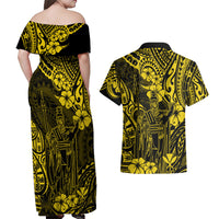 Hawaii King Kamehameha Couples Matching Off Shoulder Maxi Dress and Hawaiian Shirt Polynesian Pattern Yellow Version - Wonder Print Shop