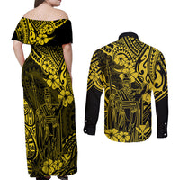 Hawaii King Kamehameha Couples Matching Off Shoulder Maxi Dress and Long Sleeve Button Shirts Polynesian Pattern Yellow Version - Wonder Print Shop