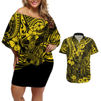 Hawaii King Kamehameha Couples Matching Off Shoulder Short Dress and Hawaiian Shirt Polynesian Pattern Yellow Version - Wonder Print Shop