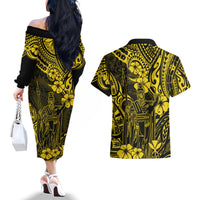 Hawaii King Kamehameha Couples Matching Off The Shoulder Long Sleeve Dress and Hawaiian Shirt Polynesian Pattern Yellow Version - Wonder Print Shop