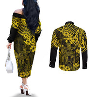 hawaii-king-kamehameha-couples-matching-off-the-shoulder-long-sleeve-dress-and-long-sleeve-button-shirts-polynesian-pattern-yellow-version
