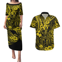 Hawaii King Kamehameha Couples Matching Puletasi Dress and Hawaiian Shirt Polynesian Pattern Yellow Version - Wonder Print Shop