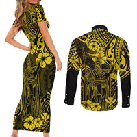 Hawaii King Kamehameha Couples Matching Short Sleeve Bodycon Dress and Long Sleeve Button Shirts Polynesian Pattern Yellow Version - Wonder Print Shop